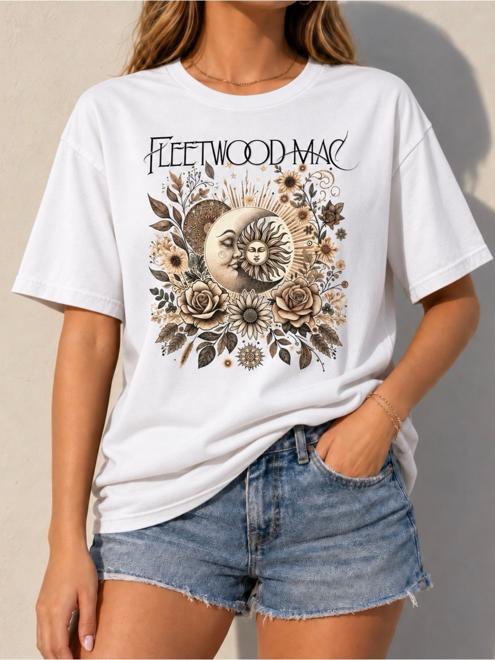Fleetwood Mac Sun Moon Floral Boho Aesthetic Womens Graphic Reprint Tee Shirt